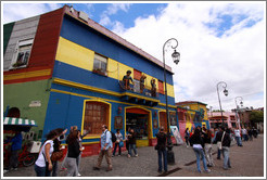 Centro de Exposiciones Caminito, with figures of Diego Maradona, Evita and Carlos Gardel on its facade. La Boca.