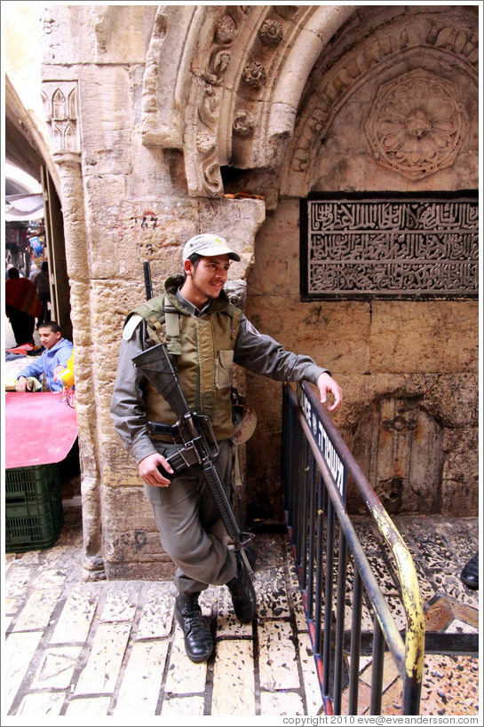 Guard, Al-Wad Street, Muslim Quarter, Old City of Jerusalem.
