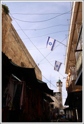 Israeli flags and a mosque, Al-Wad Street, Muslim Quarter, Old City of Jerusalem.