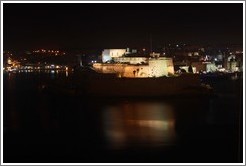 Fort St. Angelo at night, viewed from the British Hotel, Valletta.