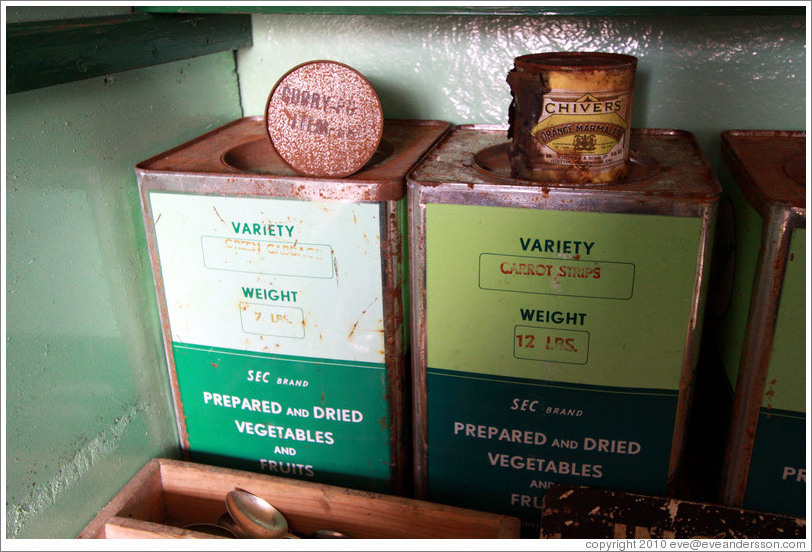 Old cans of food, kitchen, Port Lockroy.