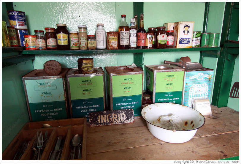 Old containers of food, kitchen, Port Lockroy.