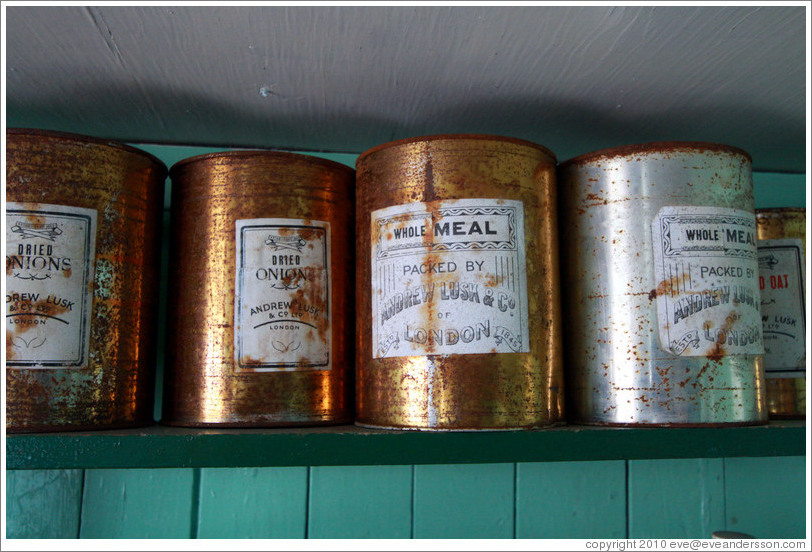 Old containers of food, kitchen, Port Lockroy.