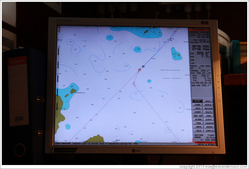 Captain's GPS display showing the crossing of the Antarctic Circle, -66? 33' 7.05", -67? 9' 7.94".
