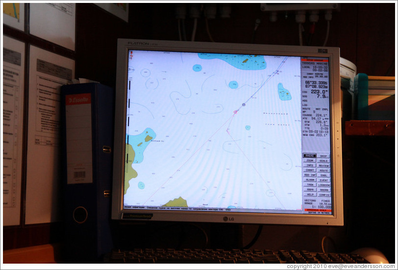 Captain's GPS display showing the crossing of the Antarctic Circle, -66? 33' 3.39", -67? 8' 9.23".