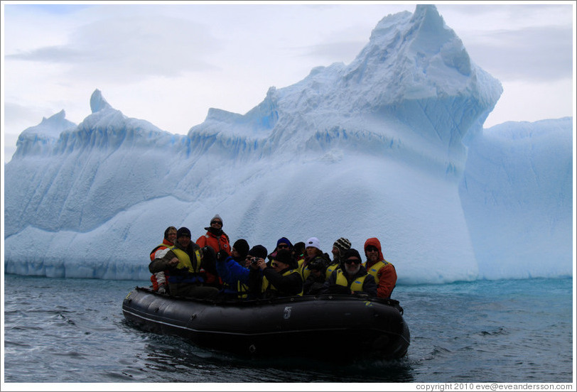 Zodiac among icebergs.