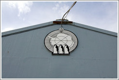 Sign with Antarctica and three penguins, Vernadsky Station.