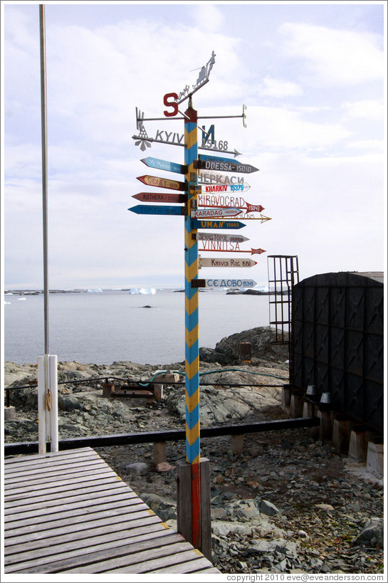 Sign displaying distances to various cities and places, Vernadsky Station.