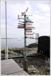 Sign displaying distances to various cities and places, Vernadsky Station.