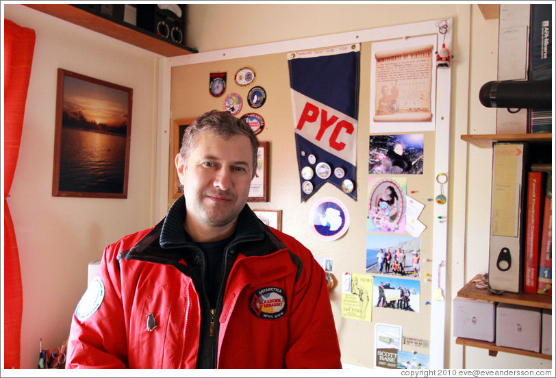 Electrician and tour guide, Sasha, in his office, Vernadsky Station.