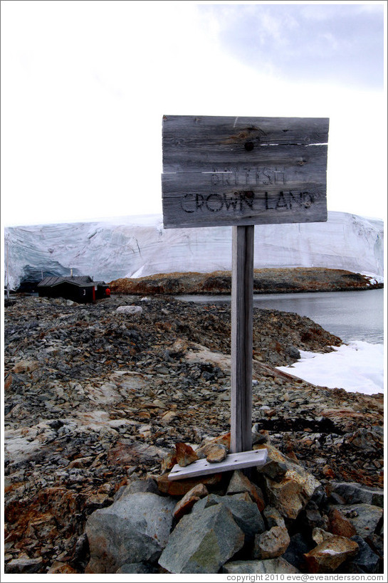 "British Crown Land" sign by Wordie House, a British scientific research station dating from 1947.