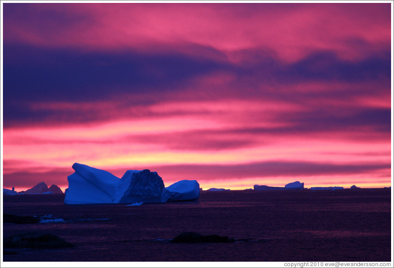 Sunset and icebergs.