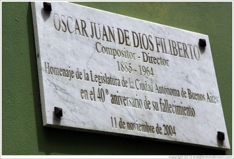 Plaque commemorating composer/director Oscar Juan de Dios Filiberti. El Caminito, La Boca.