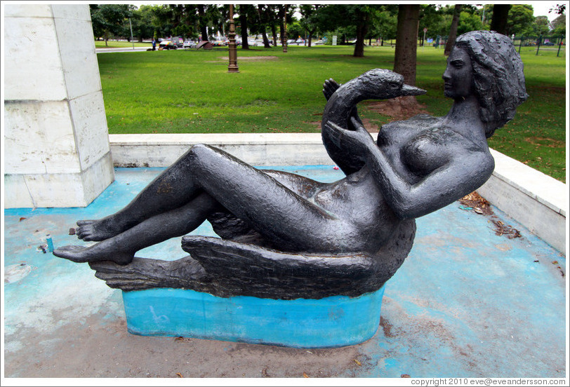 Woman with swan, fountain detail, Plaza Urquiza, Recoleta district.