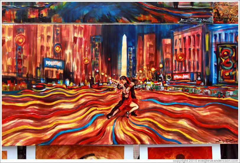 Artwork depicting a tango dancers on Avenida 9 de Julio, with the obelisco in the background.  Sunday market, Calle Humberto Primo, San Telmo.