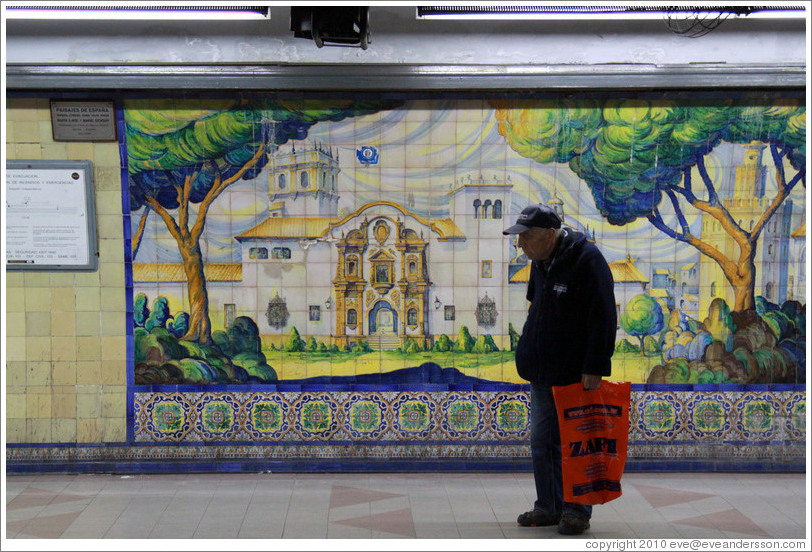 Man in front of a mural, Independencia station, Subte (Buenos Aires subway).