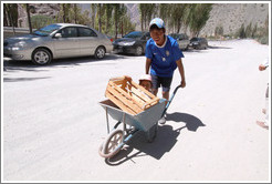 Boy pushing girl in wheelbarrow.