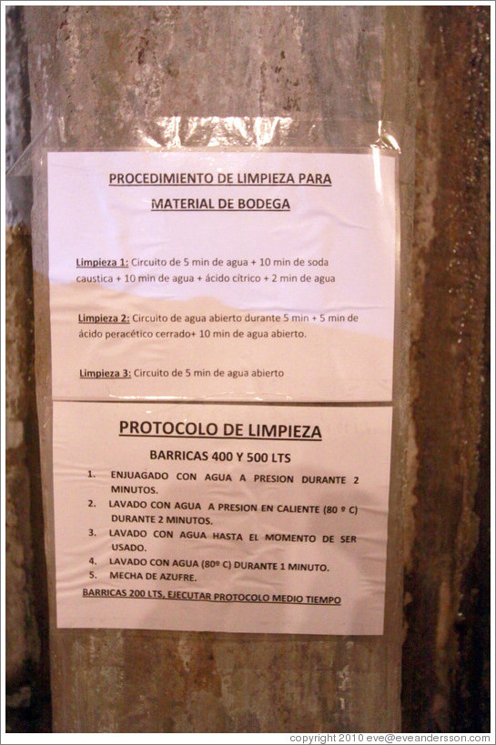 Sign detailing barrel cleaning procedure, Domaine Jean Bousquet, Valle de Uco.