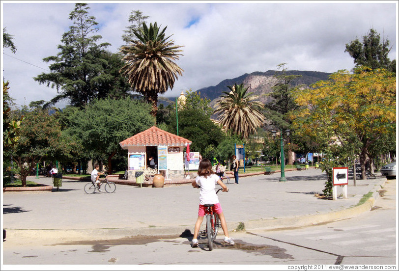 Girl in front of the Plaza Principal (main square).