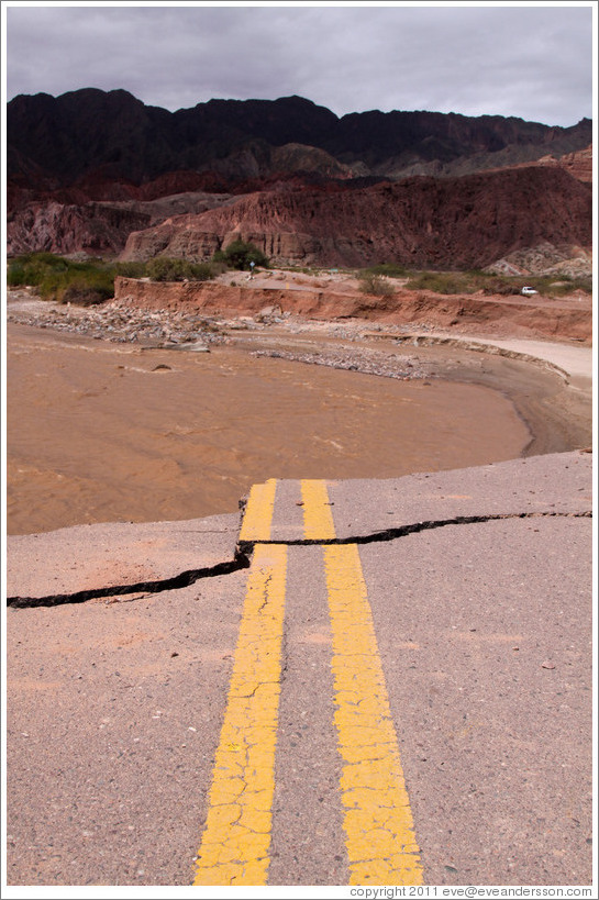 Road, part of which had sheared off due to a mudslide. Quebrada de las Conchas.