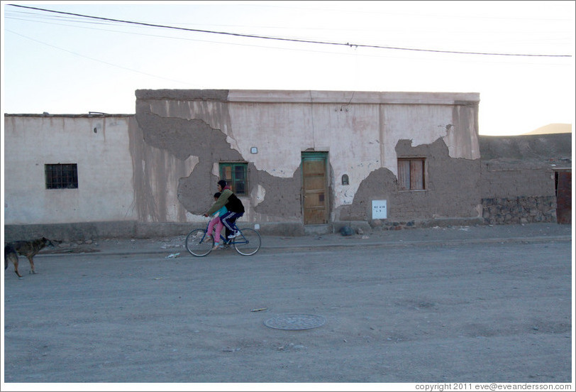 Two people riding a bicycle at dusk.