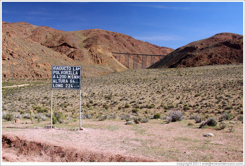 Sign for La Polvorilla viaduct, 4200 meters of altitude, 64 meters high and 224 meters long.