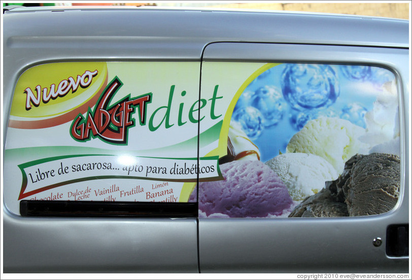 Advertisement for the "New Gadget Diet", painted on a vehicle's windows.