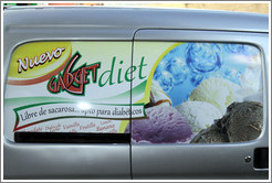 Advertisement for the "New Gadget Diet", painted on a vehicle's windows.