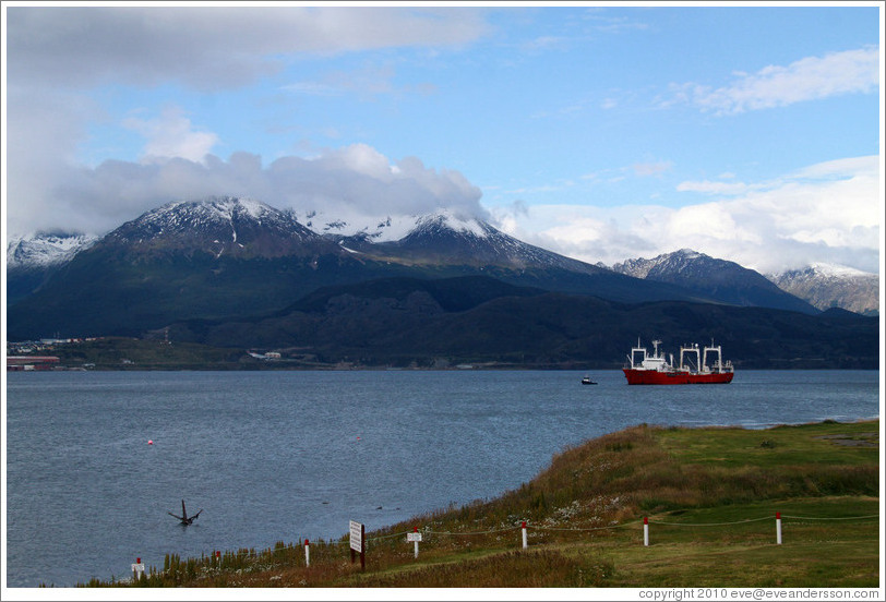 Ship and mountains, Bah?de Ushuaia, viewed from the Aeroclub Ushuaia.