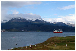 Ship and mountains, Bah?de Ushuaia, viewed from the Aeroclub Ushuaia.