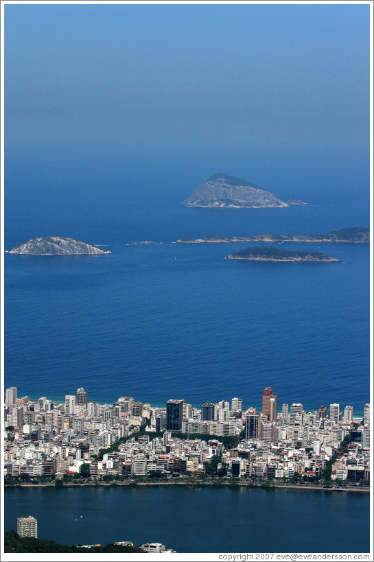 Ipanema and islands viewed from the top of Corcovado Mountain.