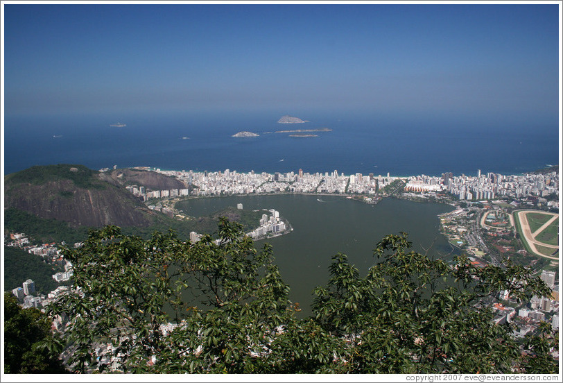 View of Lagoa Rodrigo de Freitas and surrounding Rio de Janeiro from the top of Corcovado Mountain.