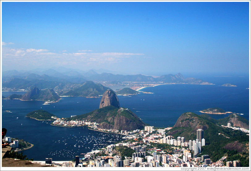 View of P&atilde;o de A&ccedil;&uacute;car (Sugarloaf Mountain) from the top of Corcovado Mountain.