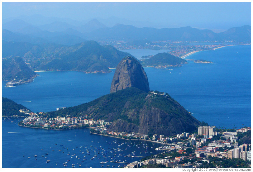 View of P&atilde;o de A&ccedil;&uacute;car (Sugarloaf Mountain) from the top of Corcovado Mountain.