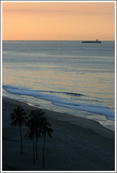 Ipanema Beach at sunrise.  Palm trees and boat.