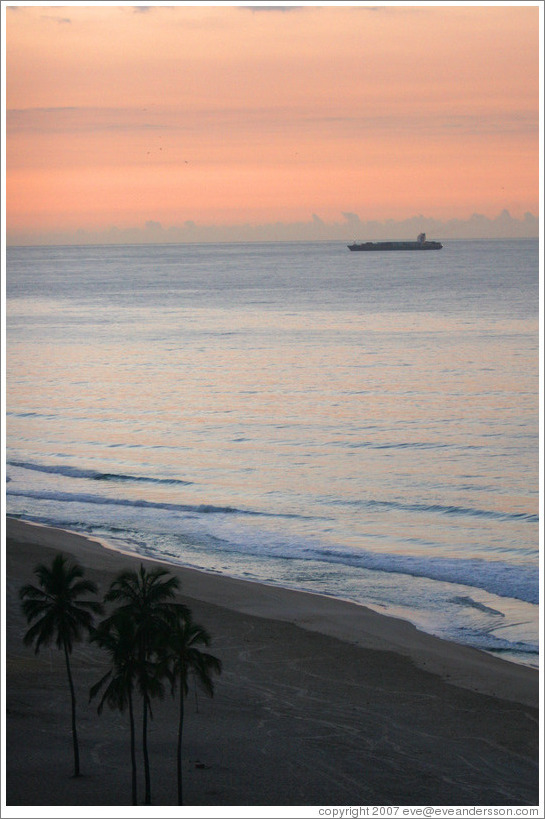 Ipanema Beach at sunrise.  Palm trees and boat.