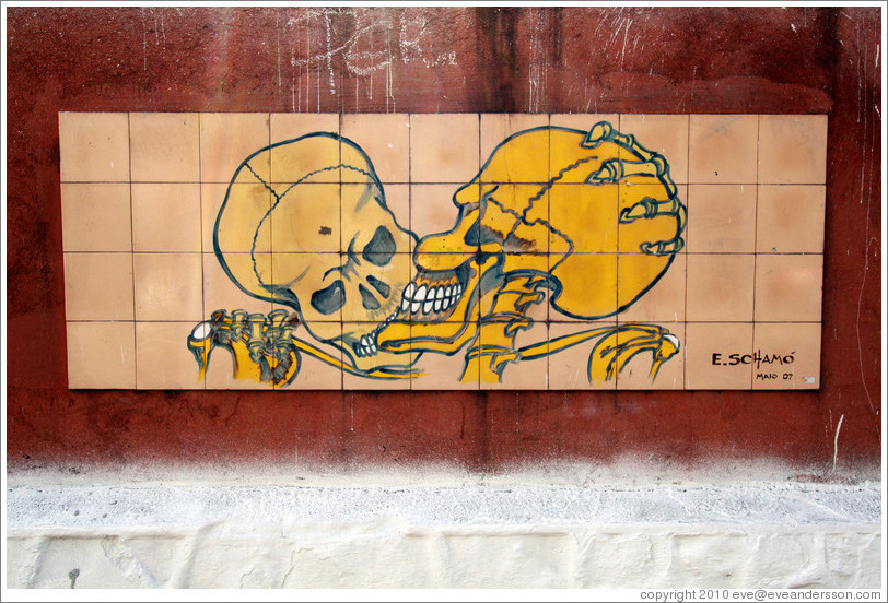 Artwork: two skeletons either fighting or about to kiss.  E. Scham?ay 2007.  Wall surrounding the Cemit?o S?Paulo.