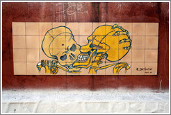 Artwork: two skeletons either fighting or about to kiss.  E. Scham?ay 2007.  Wall surrounding the Cemit?o S?Paulo.