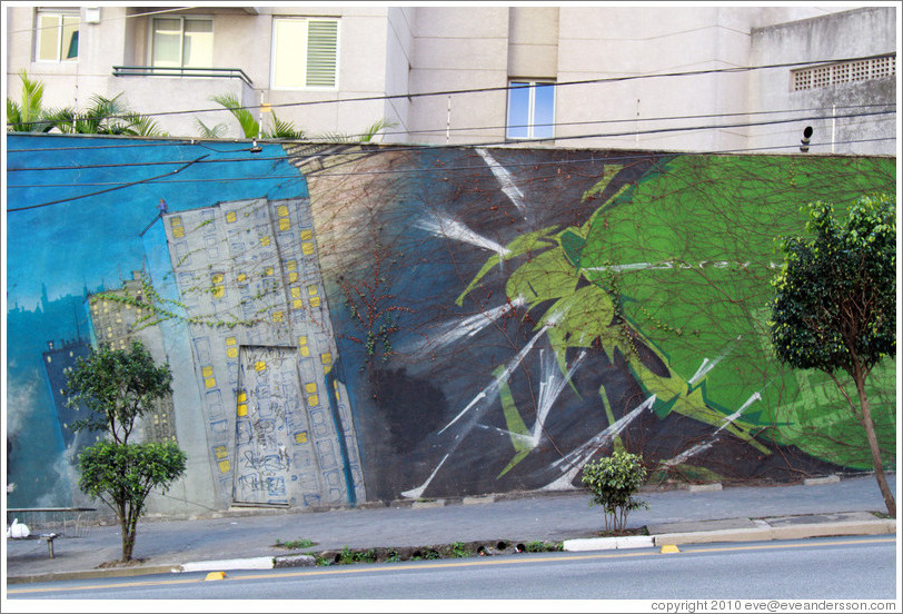 Graffiti: large green insect and buildings.  Rua Manuel da N?ga.