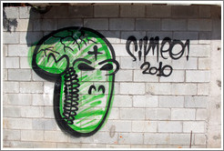 Graffiti: green skull with cracks.  Rua Olimp?as.