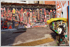 Graffiti: cityscape and woman with crown.  Villa Magdalenda neighborhood.  Alley between Rua Padre Jo?Gon?ves and Rua Belmiro Braga.