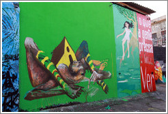 Graffiti: contorted man with a house on his back, girl leaping from a tree, and words: o que a gente precisa ver.  Villa Magdalenda neighborhood.  Alley between Rua Padre Jo?Gon?ves and Rua Belmiro Braga.