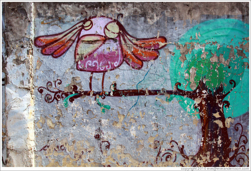Graffiti: pink bird on a tree branch.  Villa Magdalenda neighborhood.  Rua Ant? Bicudo near Rua Benjamin Egas.