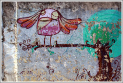 Graffiti: pink bird on a tree branch.  Villa Magdalenda neighborhood.  Rua Ant? Bicudo near Rua Benjamin Egas.