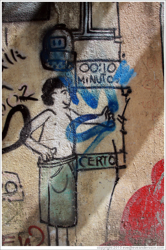 Graffiti: man wearing green towel next to a timer.  Villa Magdalenda neighborhood.  Rua Ant? Bicudo near Rua Benjamin Egas.