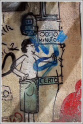 Graffiti: man wearing green towel next to a timer.  Villa Magdalenda neighborhood.  Rua Ant? Bicudo near Rua Benjamin Egas.