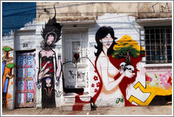 Graffiti: woman with four arms and naked woman with two skulls and a tree.  Villa Magdalenda neighborhood.  Rua Belmiro Braga and Rua Cardeal Arcoverde.