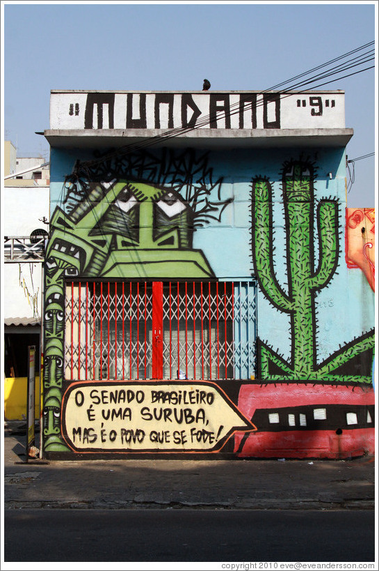 Graffiti: many green faces, a cactus, and a mouth saying "O Senado Brasileiro ?ma Suruba, Mas ? Povo que se Fode".  Mundano 9.  Villa Magdalenda neighborhood.  Rua Cardeal Arcoverde.