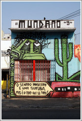 Graffiti: many green faces, a cactus, and a mouth saying "O Senado Brasileiro ?ma Suruba, Mas ? Povo que se Fode".  Mundano 9.  Villa Magdalenda neighborhood.  Rua Cardeal Arcoverde.