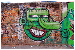 Graffiti: Frankenstein-like face with large nose and small top hat.  Villa Magdalenda neighborhood.  Rua Cardeal Arcoverde.